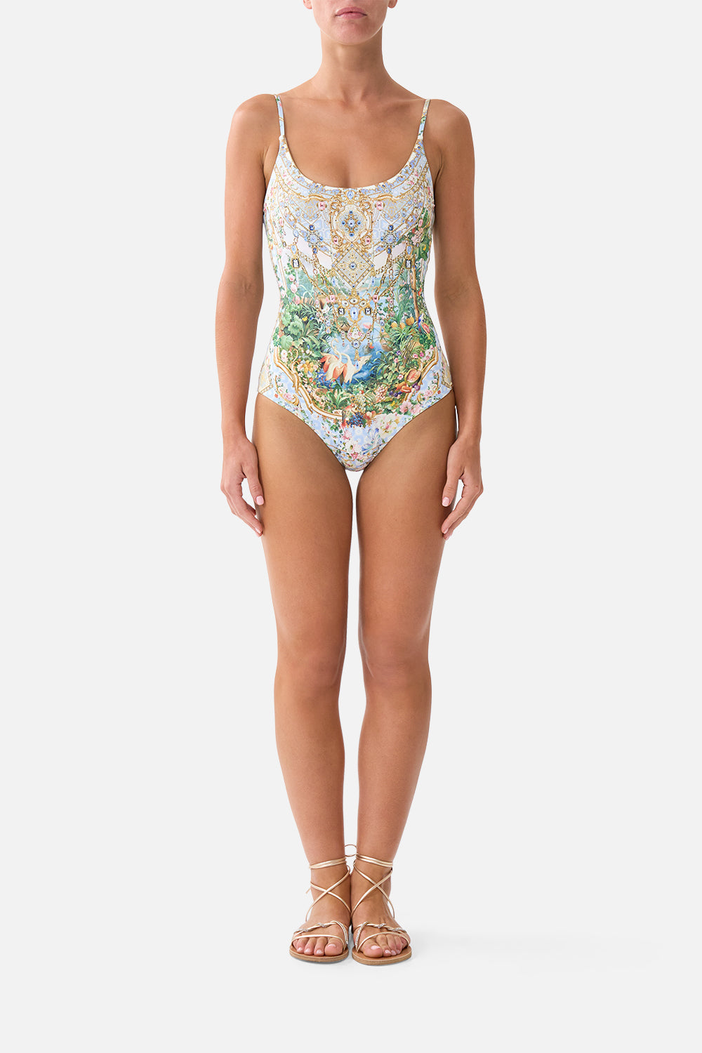 The CAMILLA Scoop Neck One Piece W/ Scoop Back Sisi Society in our Sisi Society print.