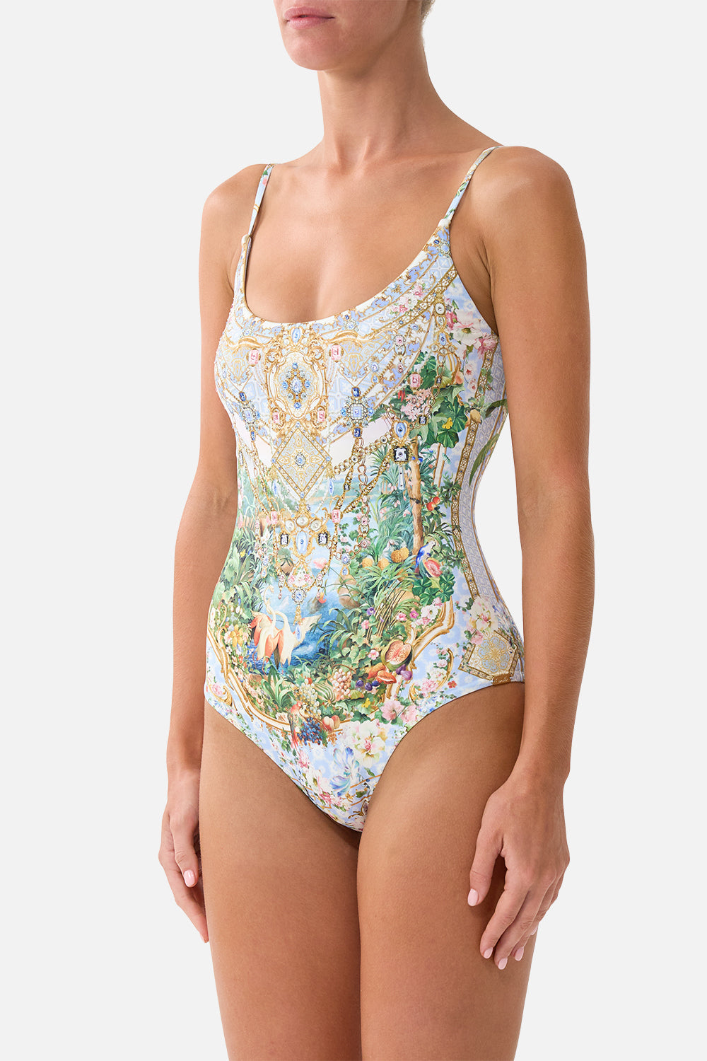 The CAMILLA Scoop Neck One Piece W/ Scoop Back Sisi Society in our Sisi Society print.