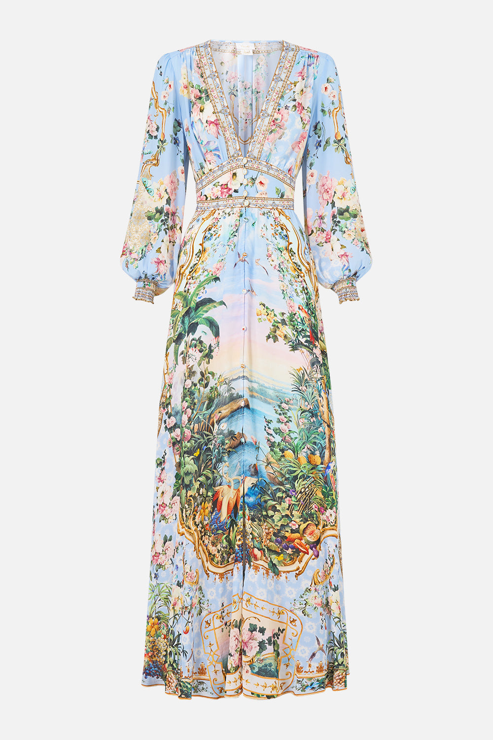 The CAMILLA Button Dress With Shaped Waistband Sisi Society in our Sisi Society print.