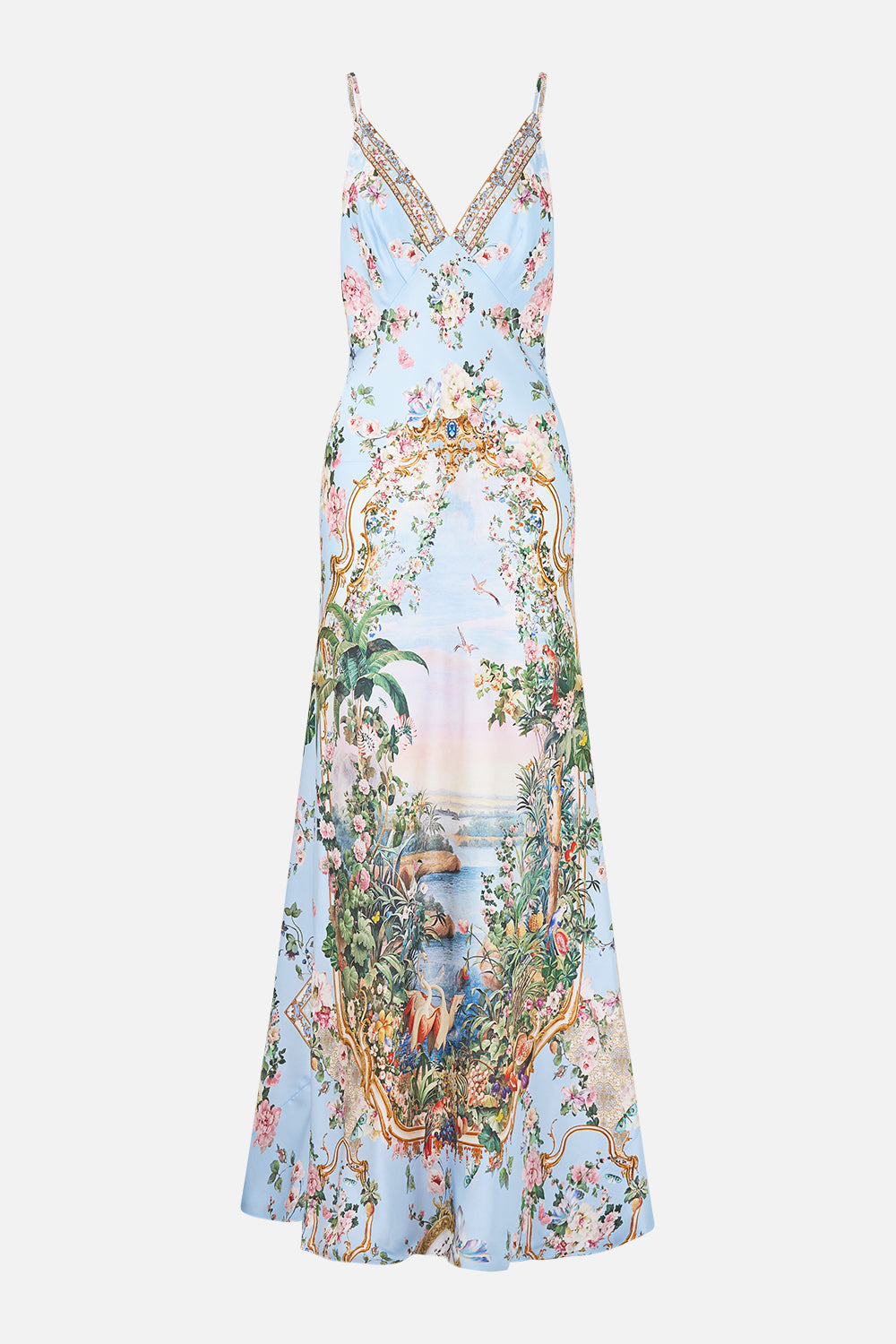 The CAMILLA V Neck Full Length Bias Slip Dress Sisi Society in our Sisi Society print.