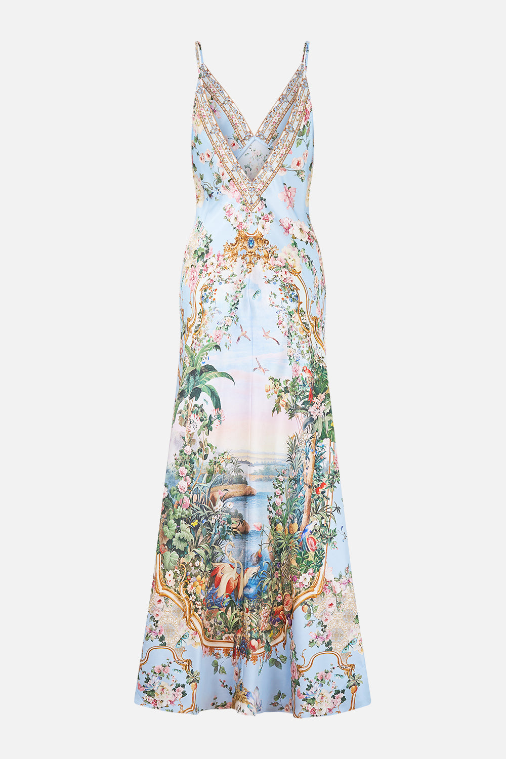 The CAMILLA V Neck Full Length Bias Slip Dress Sisi Society in our Sisi Society print.