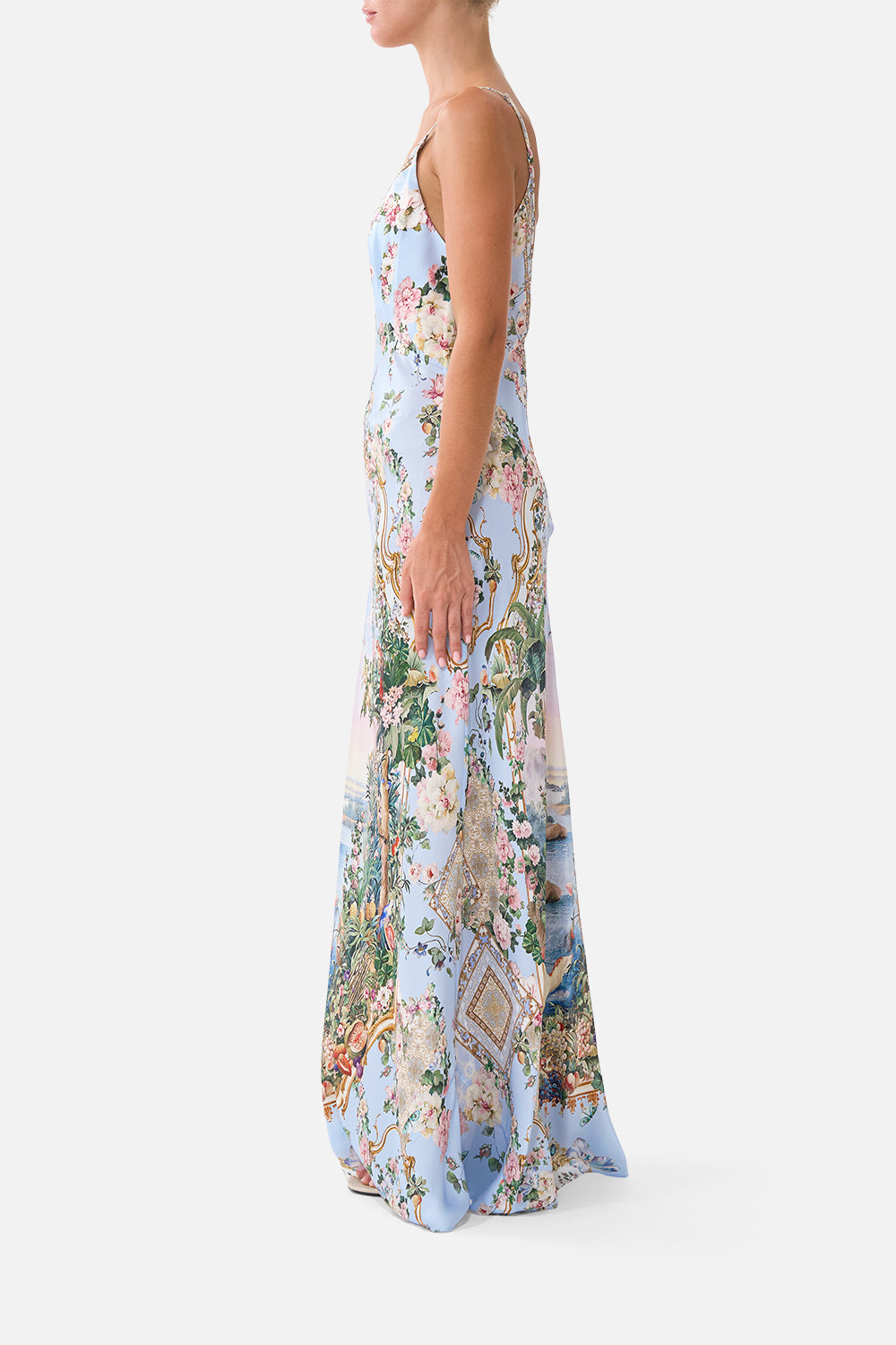 The CAMILLA V Neck Full Length Bias Slip Dress Sisi Society in our Sisi Society print.