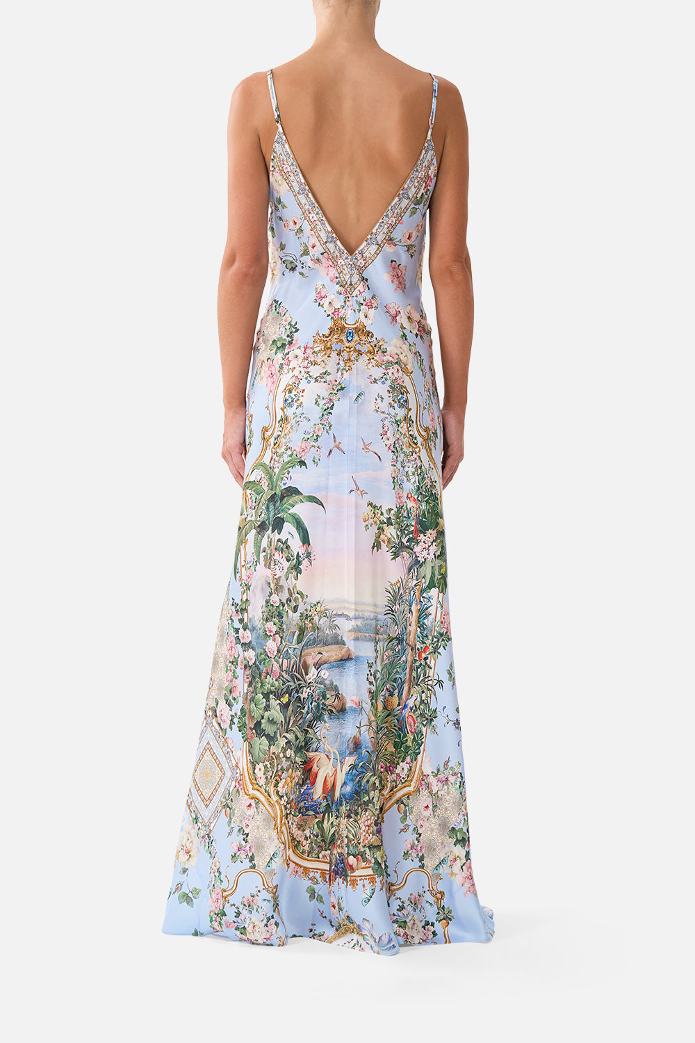 The CAMILLA V Neck Full Length Bias Slip Dress Sisi Society in our Sisi Society print.