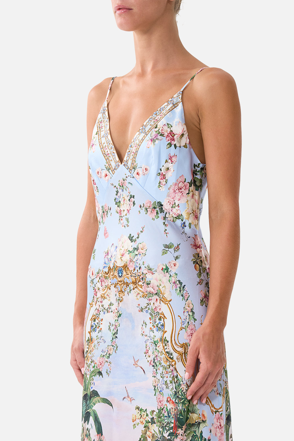 The CAMILLA V Neck Full Length Bias Slip Dress Sisi Society in our Sisi Society print.