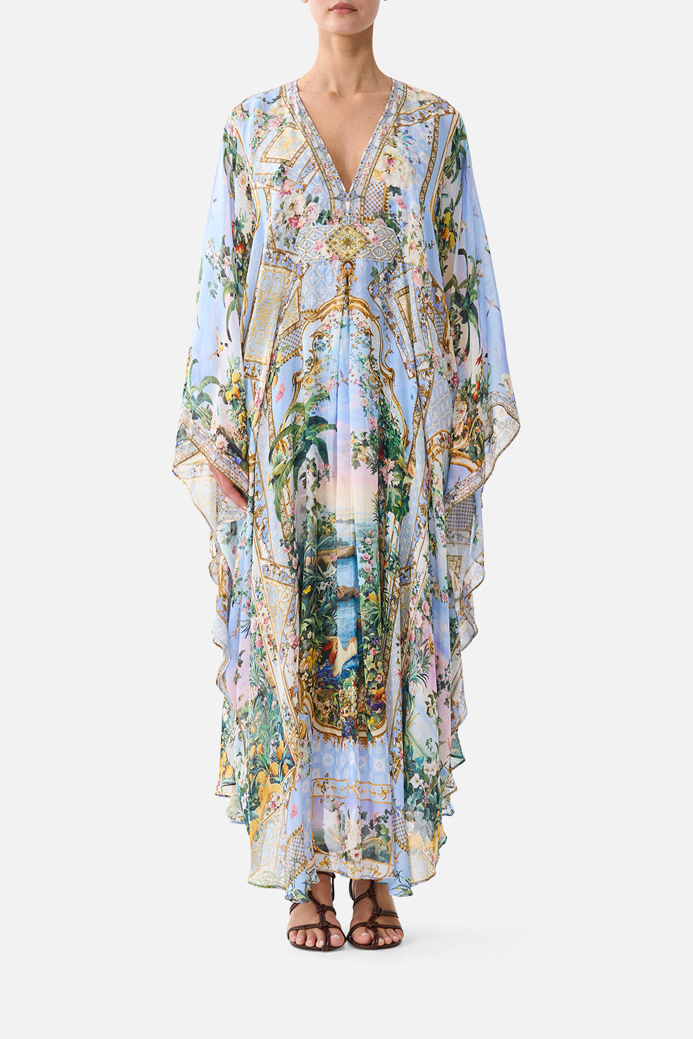 The CAMILLA Long Kaftan With Waist Detail Sisi Society in our Sisi Society print.