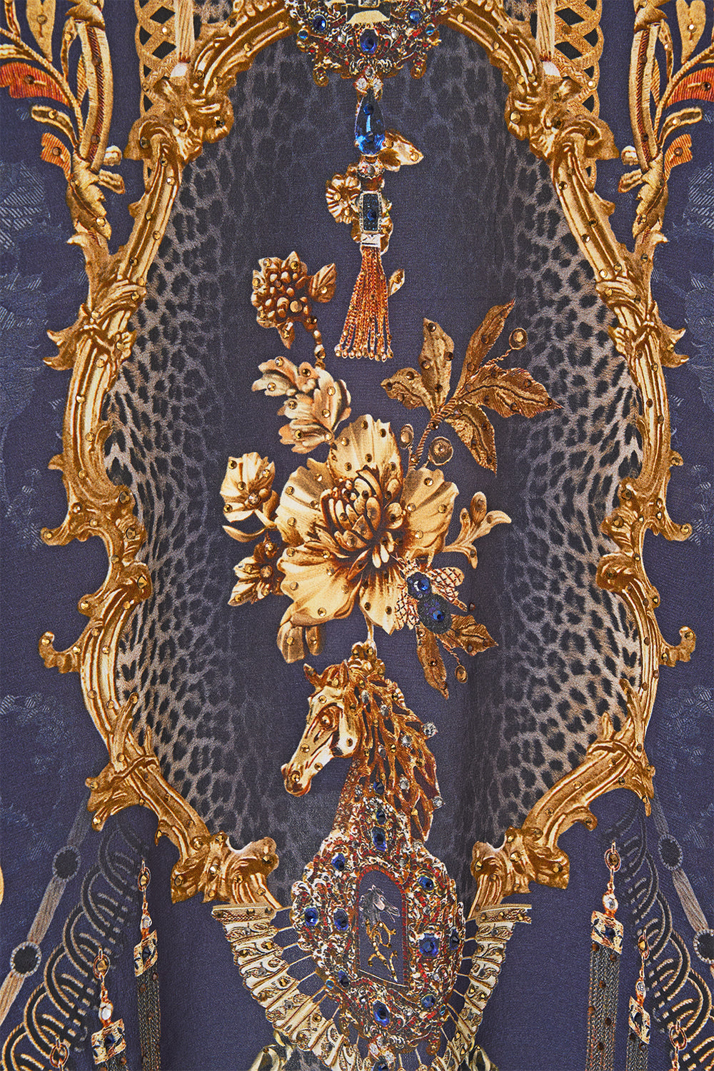 The CAMILLA V Neck Jumper with Silk Back in our Cloaked in Baroque print, fabric detail.
