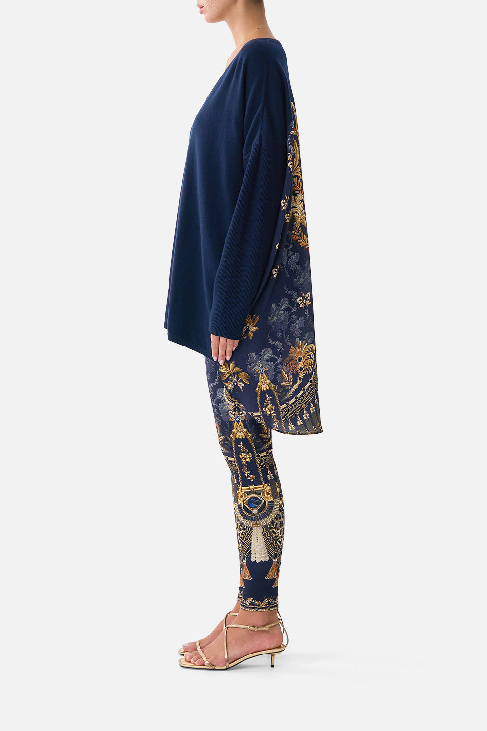The CAMILLA V Neck Jumper with Silk Back in our Cloaked in Baroque print, side view on model.