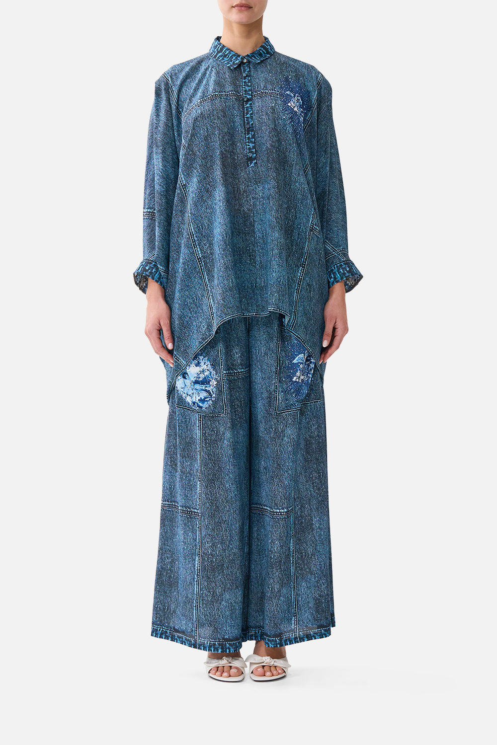 The CAMILLA Button Up Top With Draped Back The Porcelain Parlour in our The Porcelain Parlour print.