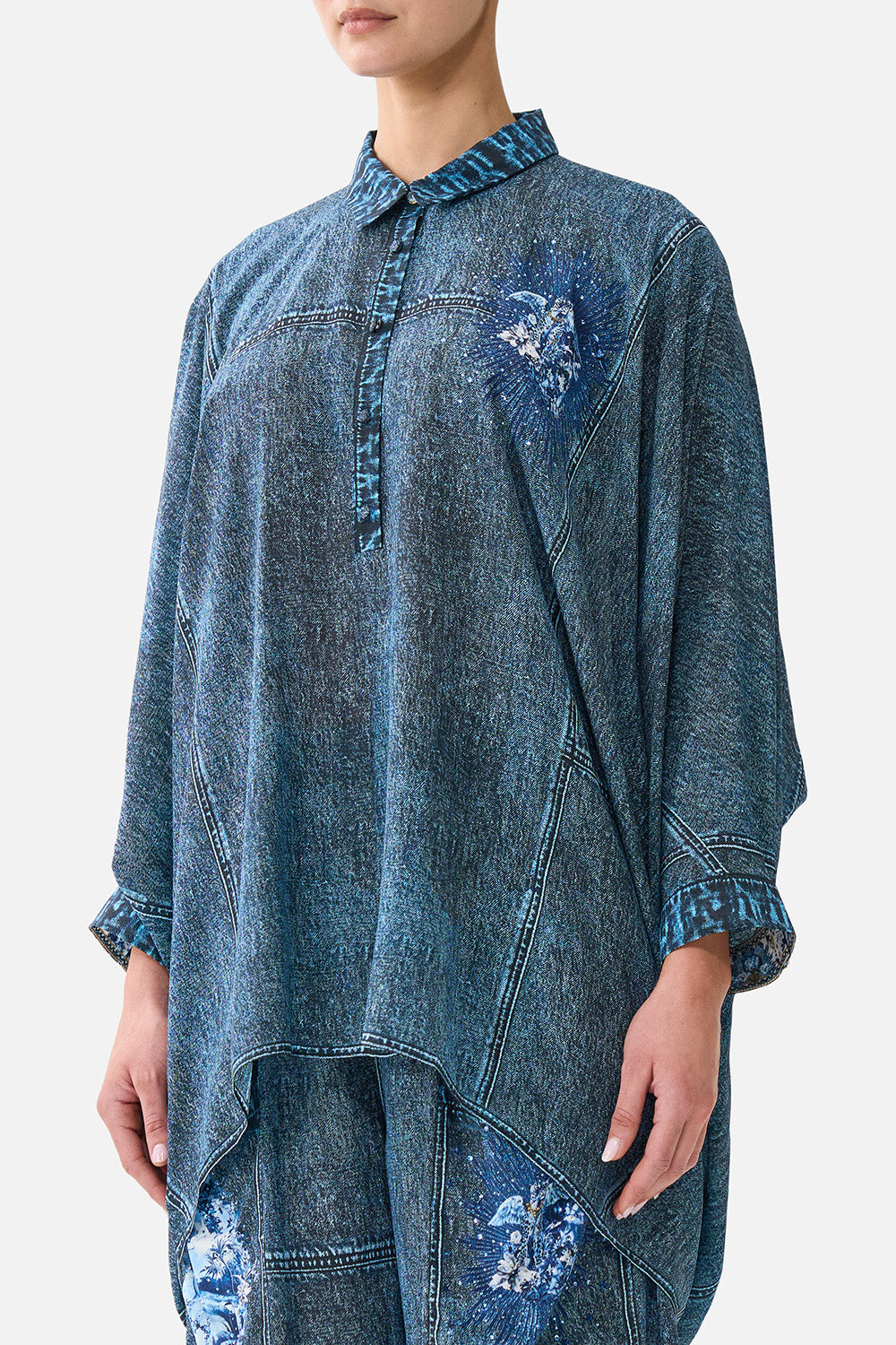 The CAMILLA Button Up Top With Draped Back The Porcelain Parlour in our The Porcelain Parlour print.