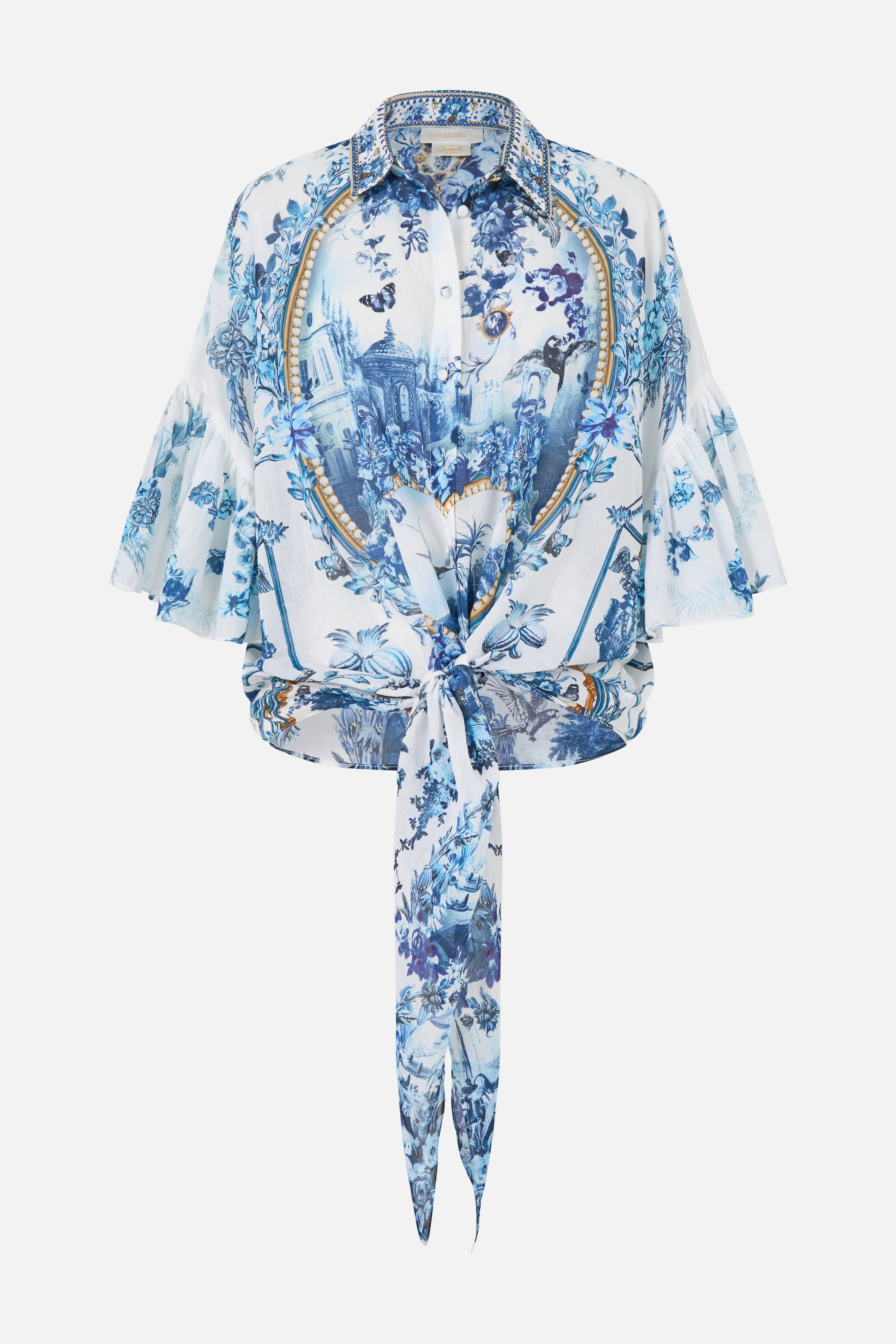 The CAMILLA Tie Front Shirt With Sleeve Frill The Porcelain Parlour in our The Porcelain Parlour print.