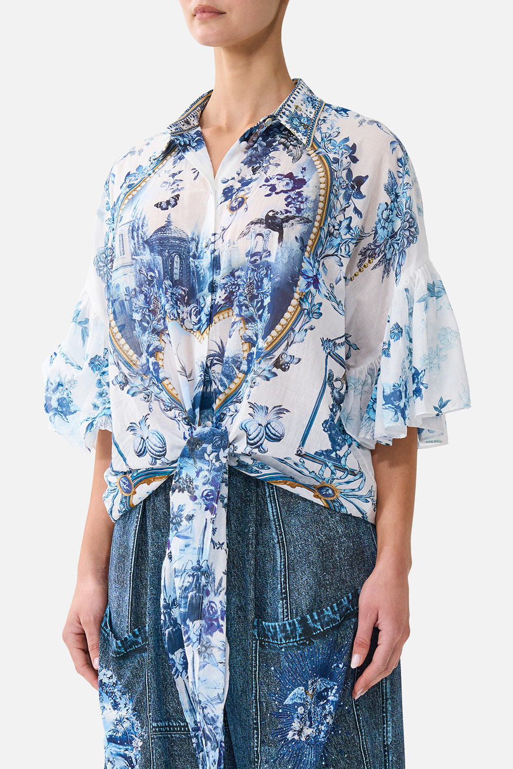 The CAMILLA Tie Front Shirt With Sleeve Frill The Porcelain Parlour in our The Porcelain Parlour print.