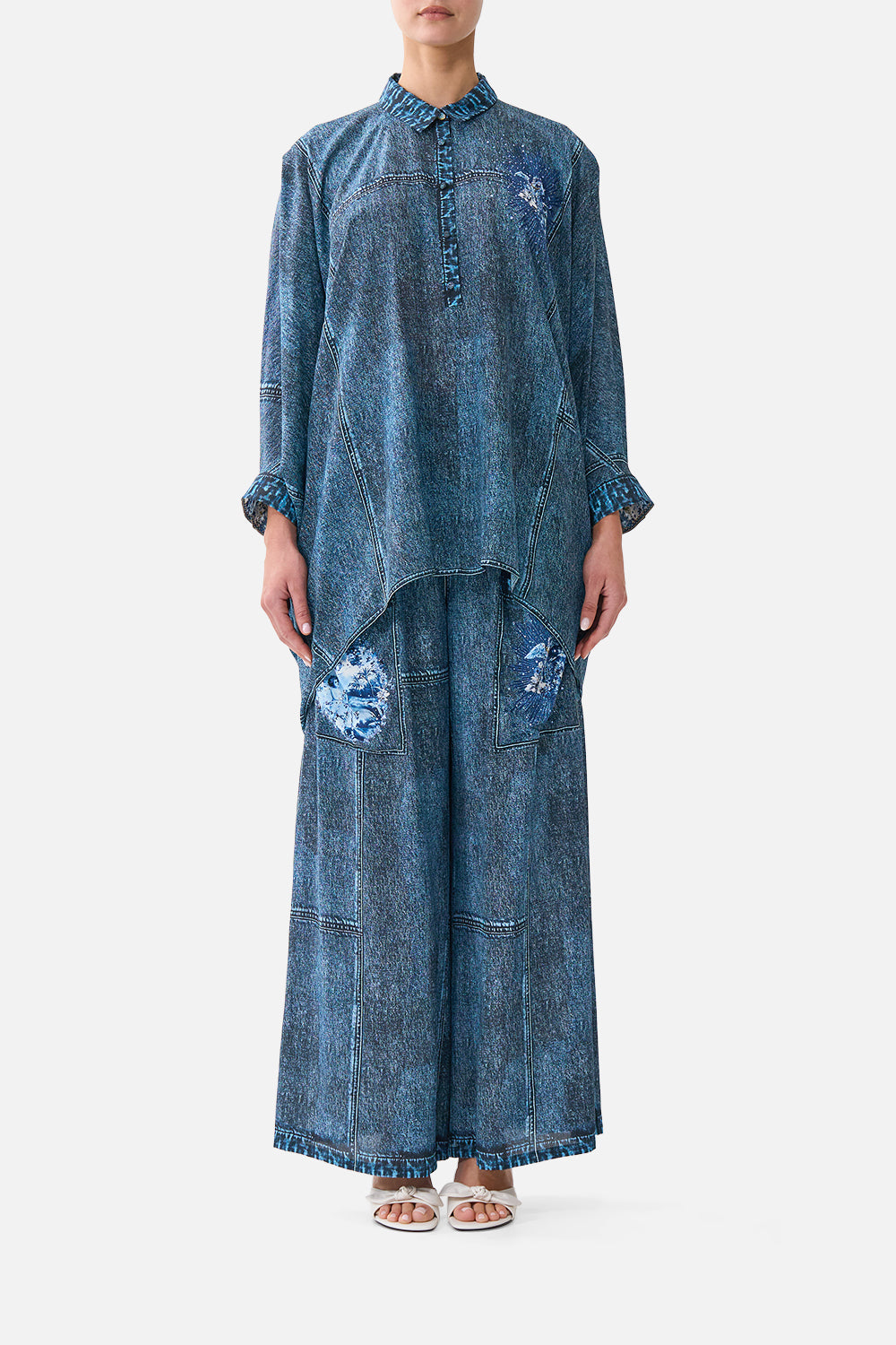 The CAMILLA Wide Leg Trouser With Front Pockets The Porcelain Parlour in our The Porcelain Parlour print.