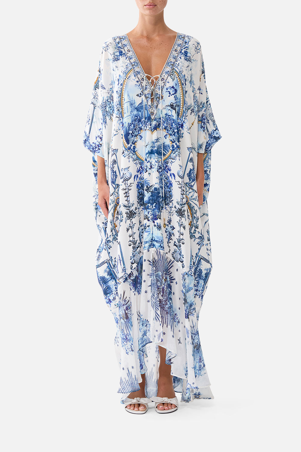 The CAMILLA Lace Up Kaftan With Hem Ruffle The Porcelain Parlour in our The Porcelain Parlour print.