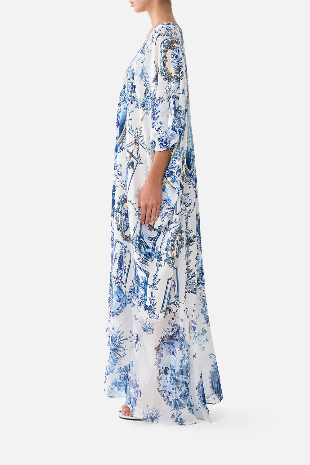 The CAMILLA Lace Up Kaftan With Hem Ruffle The Porcelain Parlour in our The Porcelain Parlour print.