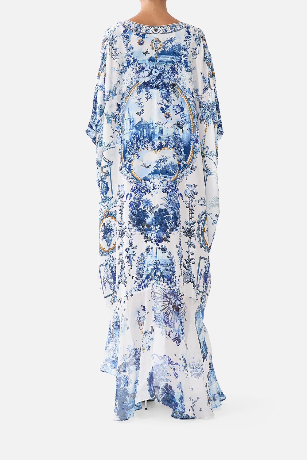 The CAMILLA Lace Up Kaftan With Hem Ruffle The Porcelain Parlour in our The Porcelain Parlour print.
