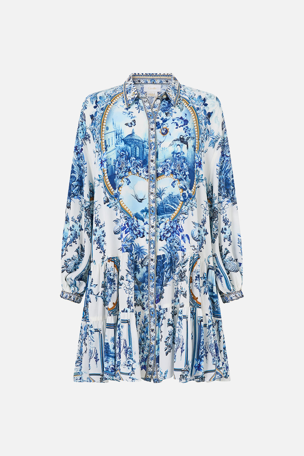The CAMILLA Long Sleeve Tiered Short Dress The Porcelain Parlour in our The Porcelain Parlour print.