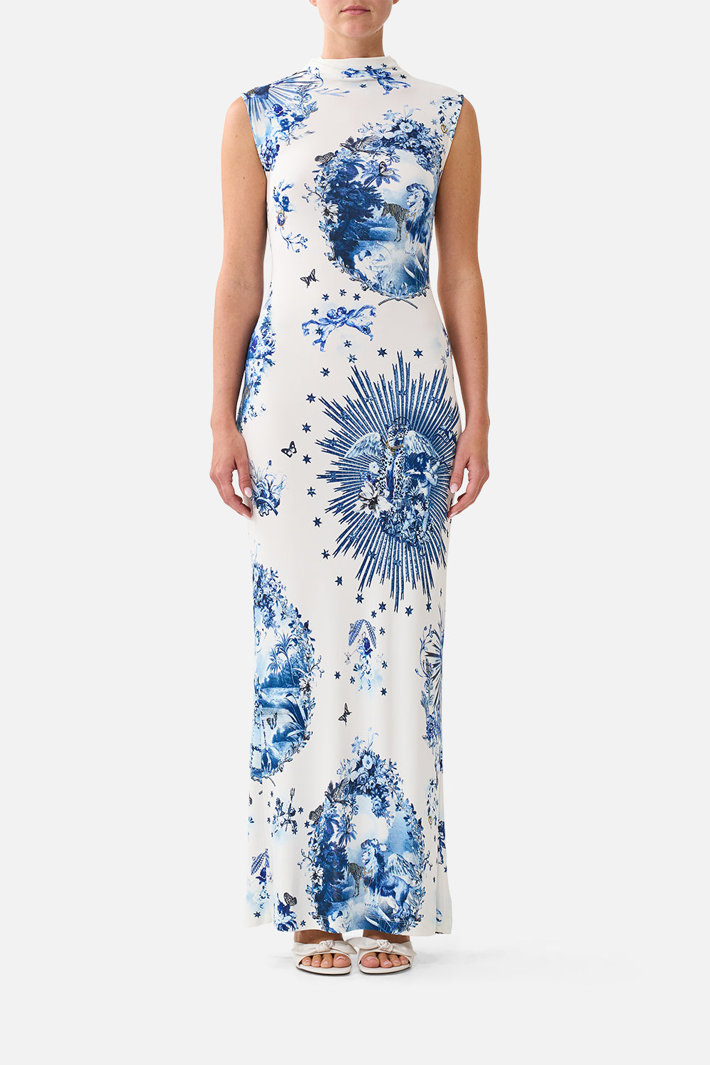 The CAMILLA Back Detail Tank Dress in our The Porcelain Parlour print, front view on model.