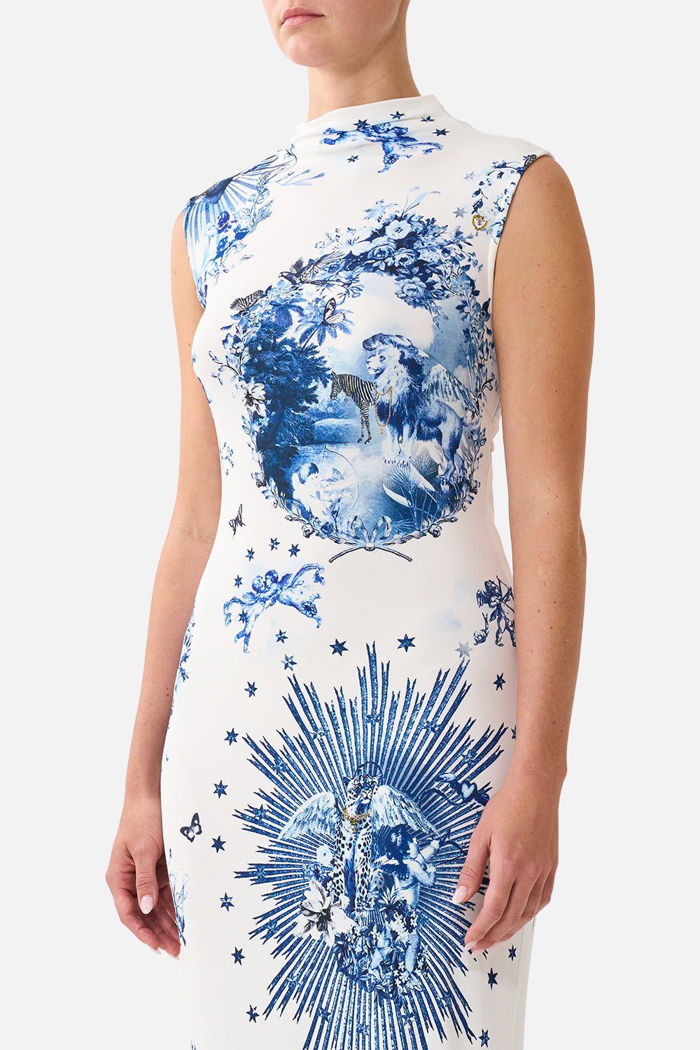 The CAMILLA Back Detail Tank Dress in our The Porcelain Parlour print, detail view on model.