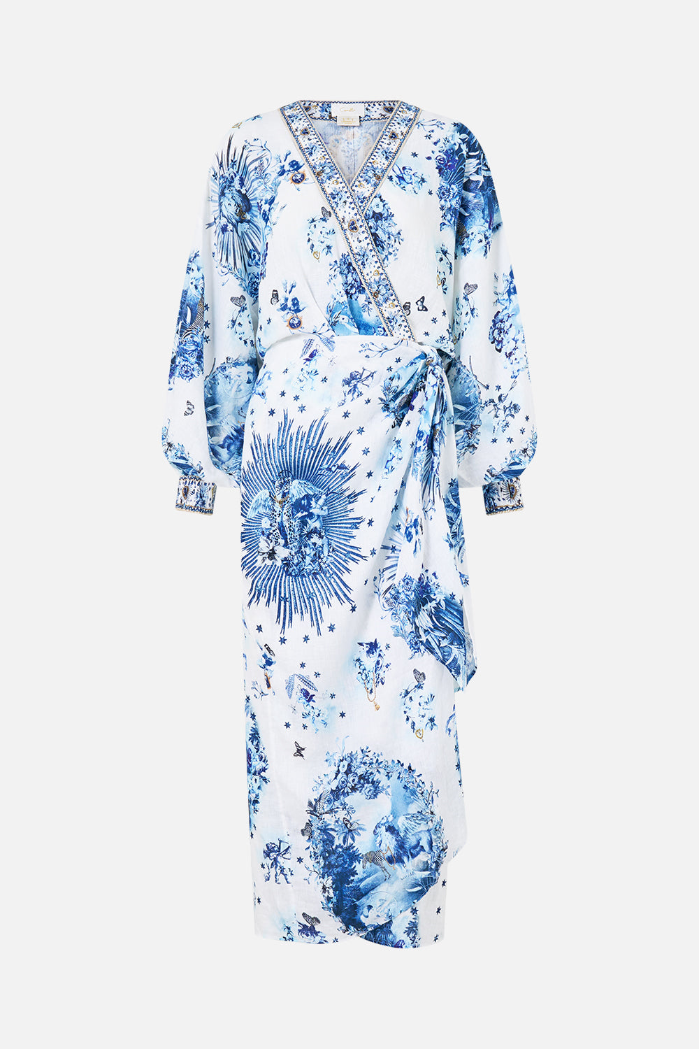 The CAMILLA Wrap Midi Dress The Porcelain Parlour in our The Porcelain Parlour print.