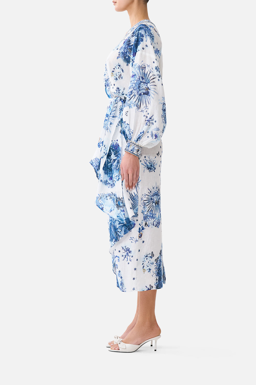 The CAMILLA Wrap Midi Dress The Porcelain Parlour in our The Porcelain Parlour print.