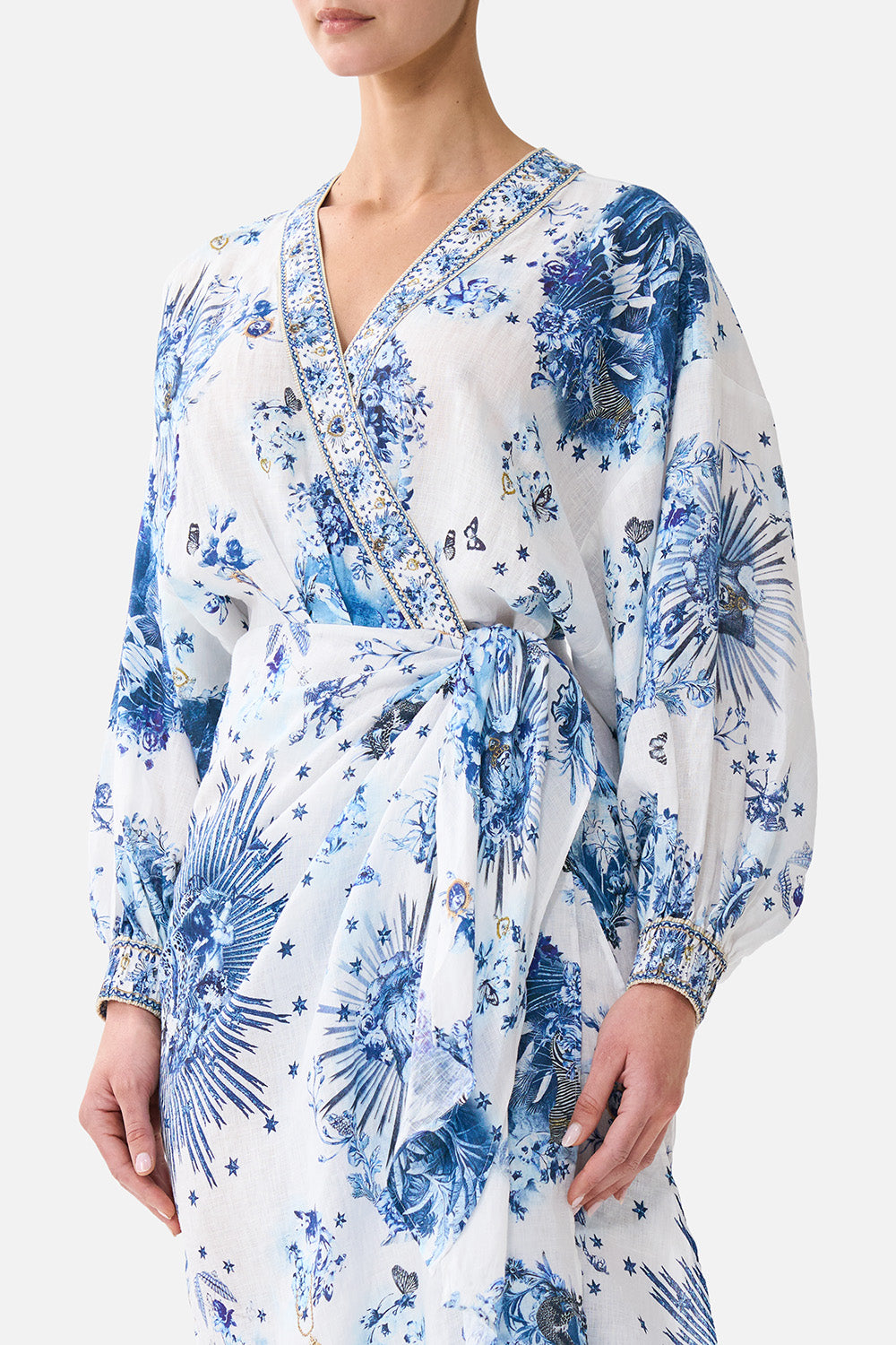 The CAMILLA Wrap Midi Dress The Porcelain Parlour in our The Porcelain Parlour print.