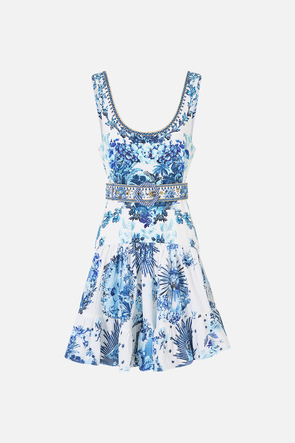 The CAMILLA Jersey Bodice Short Dress With Belt The Porcelain Parlour in our The Porcelain Parlour print.