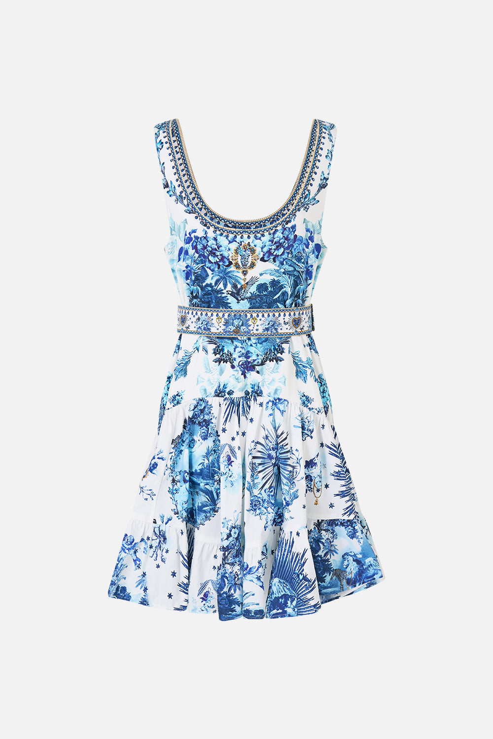 The CAMILLA Jersey Bodice Short Dress With Belt The Porcelain Parlour in our The Porcelain Parlour print.