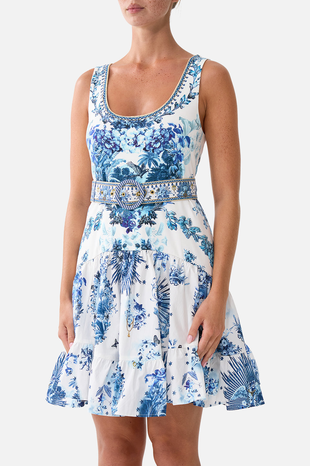 The CAMILLA Jersey Bodice Short Dress With Belt The Porcelain Parlour in our The Porcelain Parlour print.