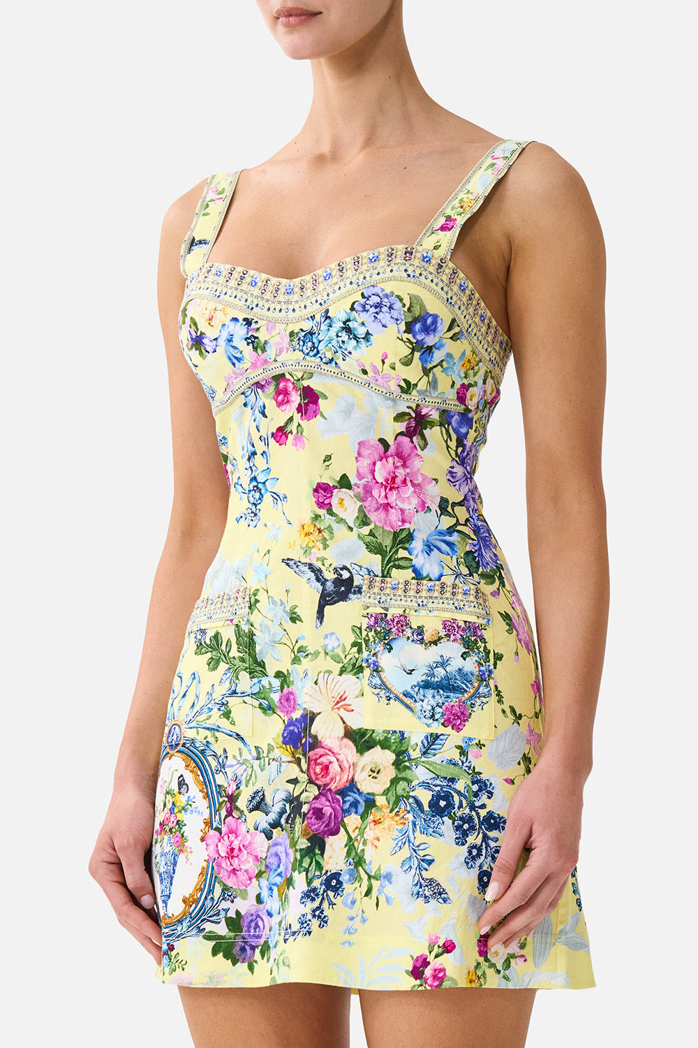 The CAMILLA Fitted Short Dress With Topstitching Chinoiserie Child in our Chinoiserie Child print.