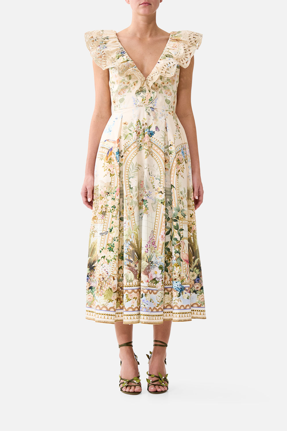 V NECK FRILL MIDI DRESS MIDSUMMER MASTERPIECE