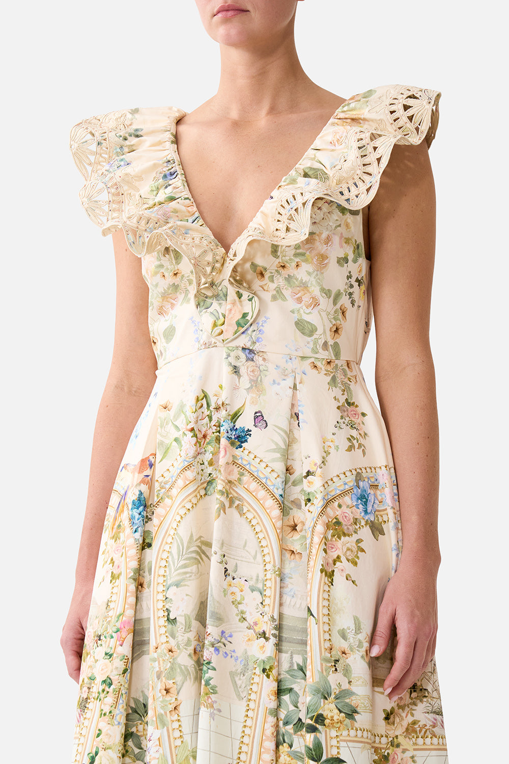 V NECK FRILL MIDI DRESS MIDSUMMER MASTERPIECE