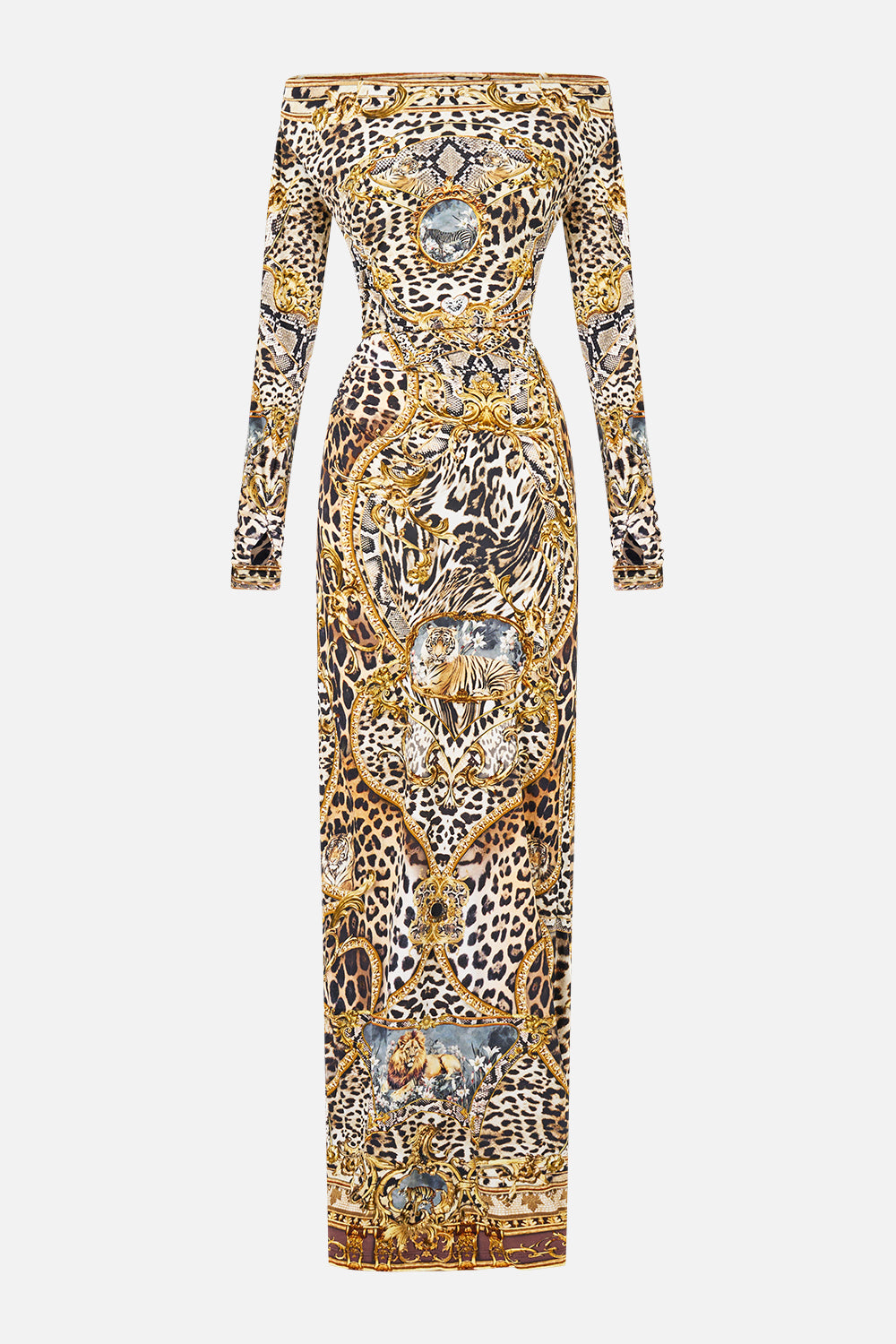 The CAMILLA OFF SHOULDER GATHERED JERSEY DRESS LEOPARD LIBERTINE