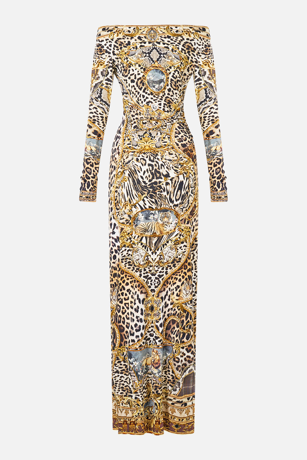 The CAMILLA OFF SHOULDER GATHERED JERSEY DRESS LEOPARD LIBERTINE
