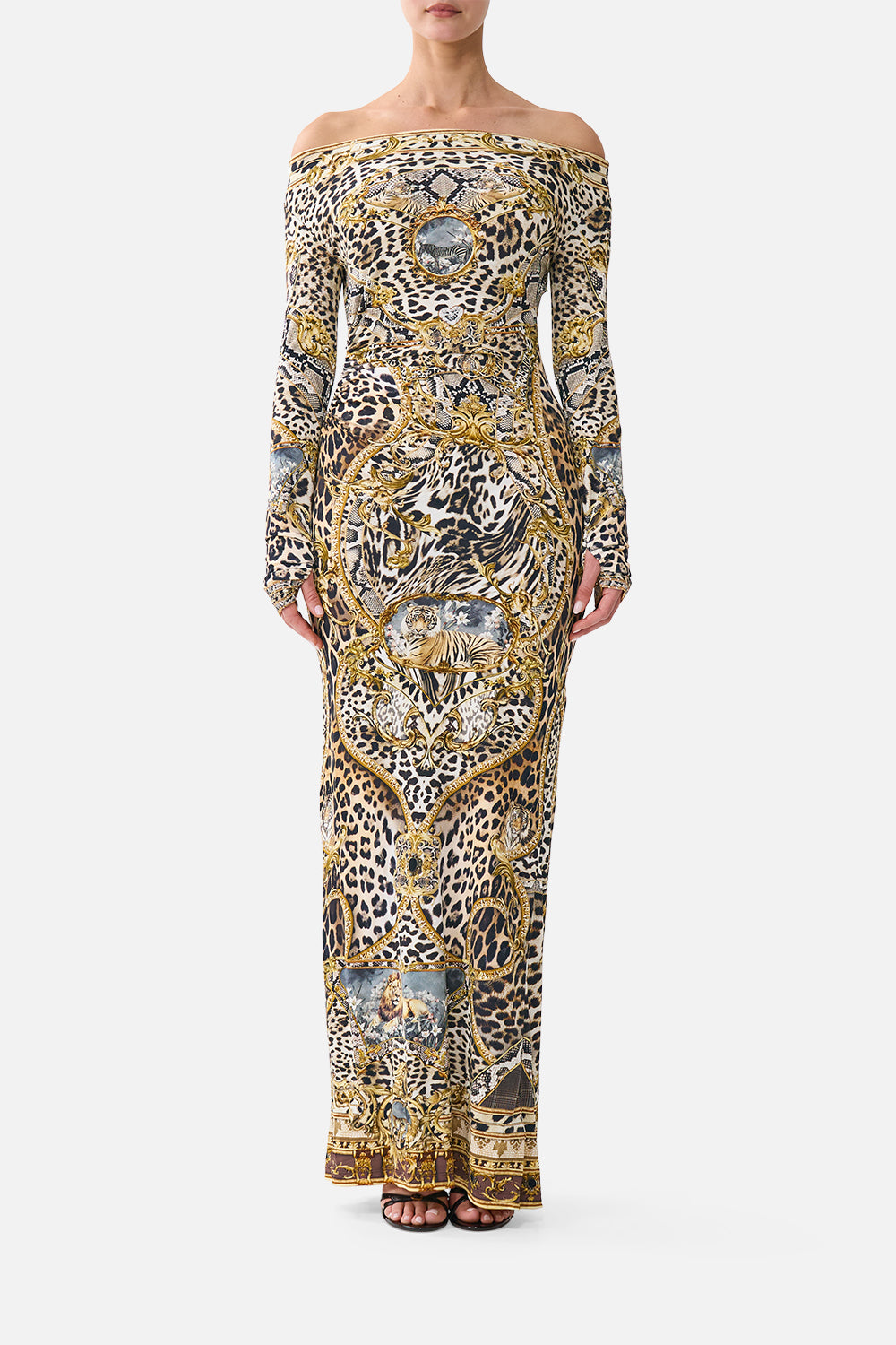 The CAMILLA OFF SHOULDER GATHERED JERSEY DRESS LEOPARD LIBERTINELEOPARD LIBERTINE