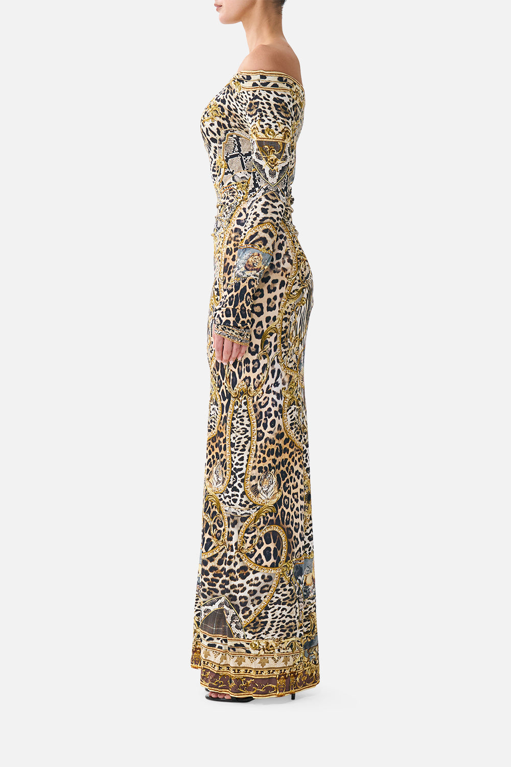 The CAMILLA OFF SHOULDER GATHERED JERSEY DRESS LEOPARD LIBERTINE