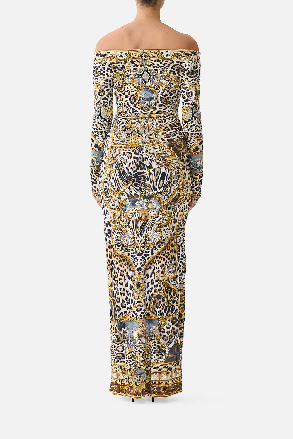 The CAMILLA OFF SHOULDER GATHERED JERSEY DRESS LEOPARD LIBERTINE