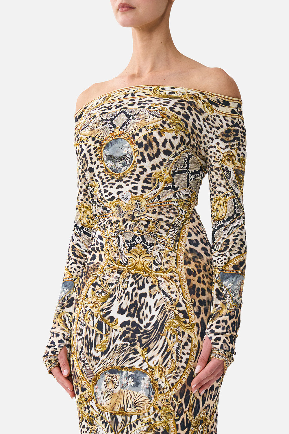 The CAMILLA OFF SHOULDER GATHERED JERSEY DRESS LEOPARD LIBERTINE