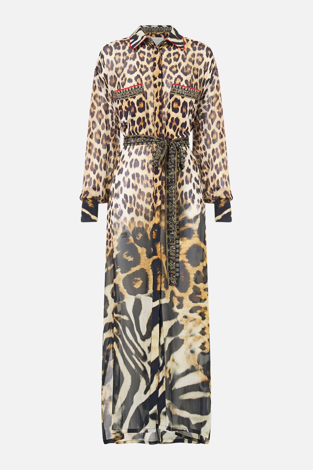 The CAMILLA Button Front Long Dress in our Leotigra Land print, front view.