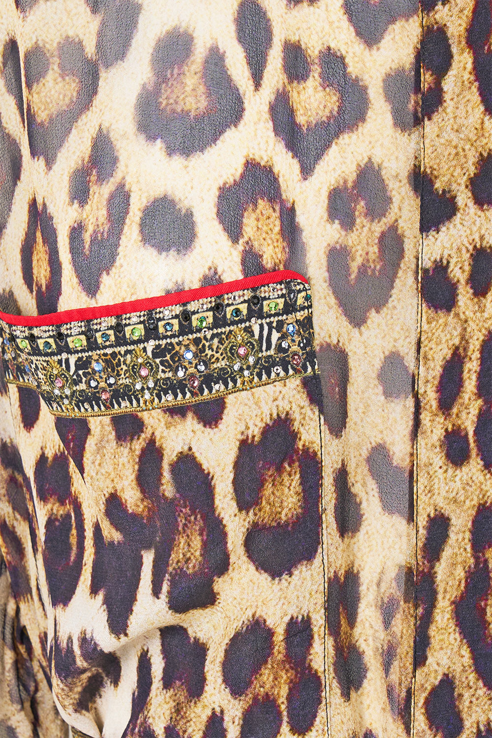 The CAMILLA Button Front Long Dress in our Leotigra Land print, fabric detail.