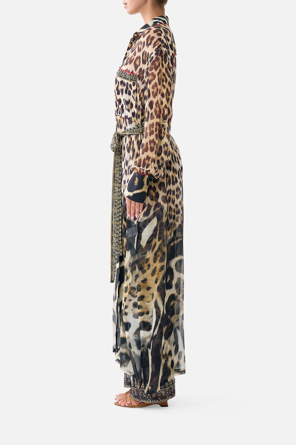 The CAMILLA Button Front Long Dress in our Leotigra Land print, side view on model.