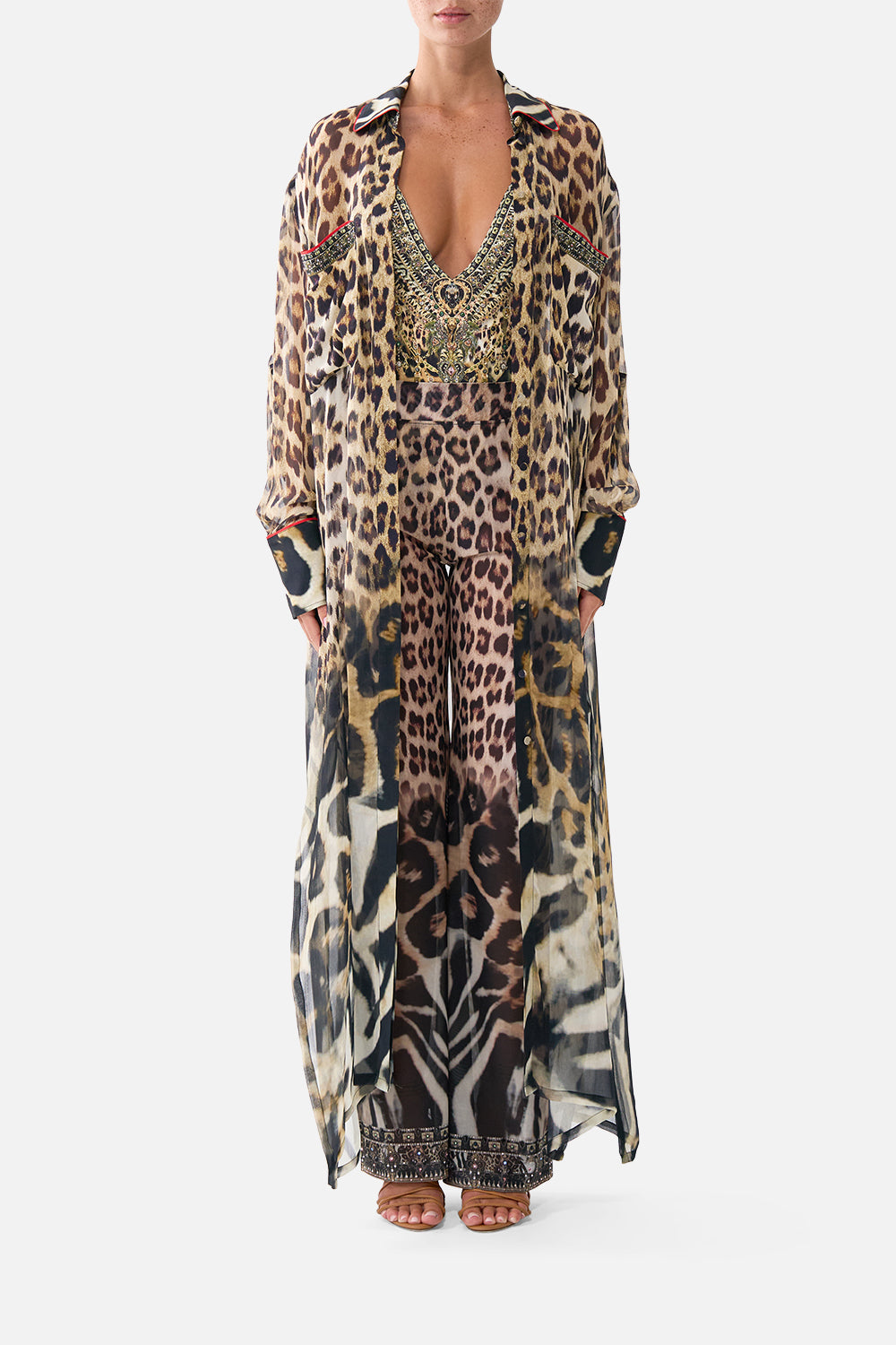 The CAMILLA Button Front Long Dress in our Leotigra Land print.