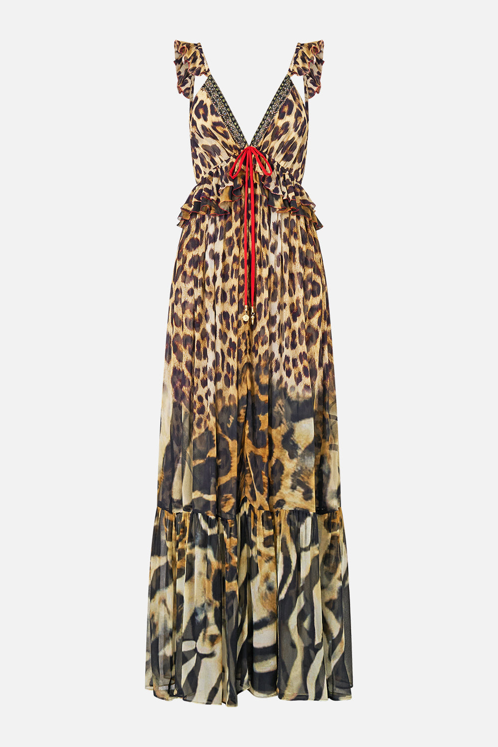 The CAMILLA Frill Bralette Long Dress Leotigra Land in our Leotigra Land print.
