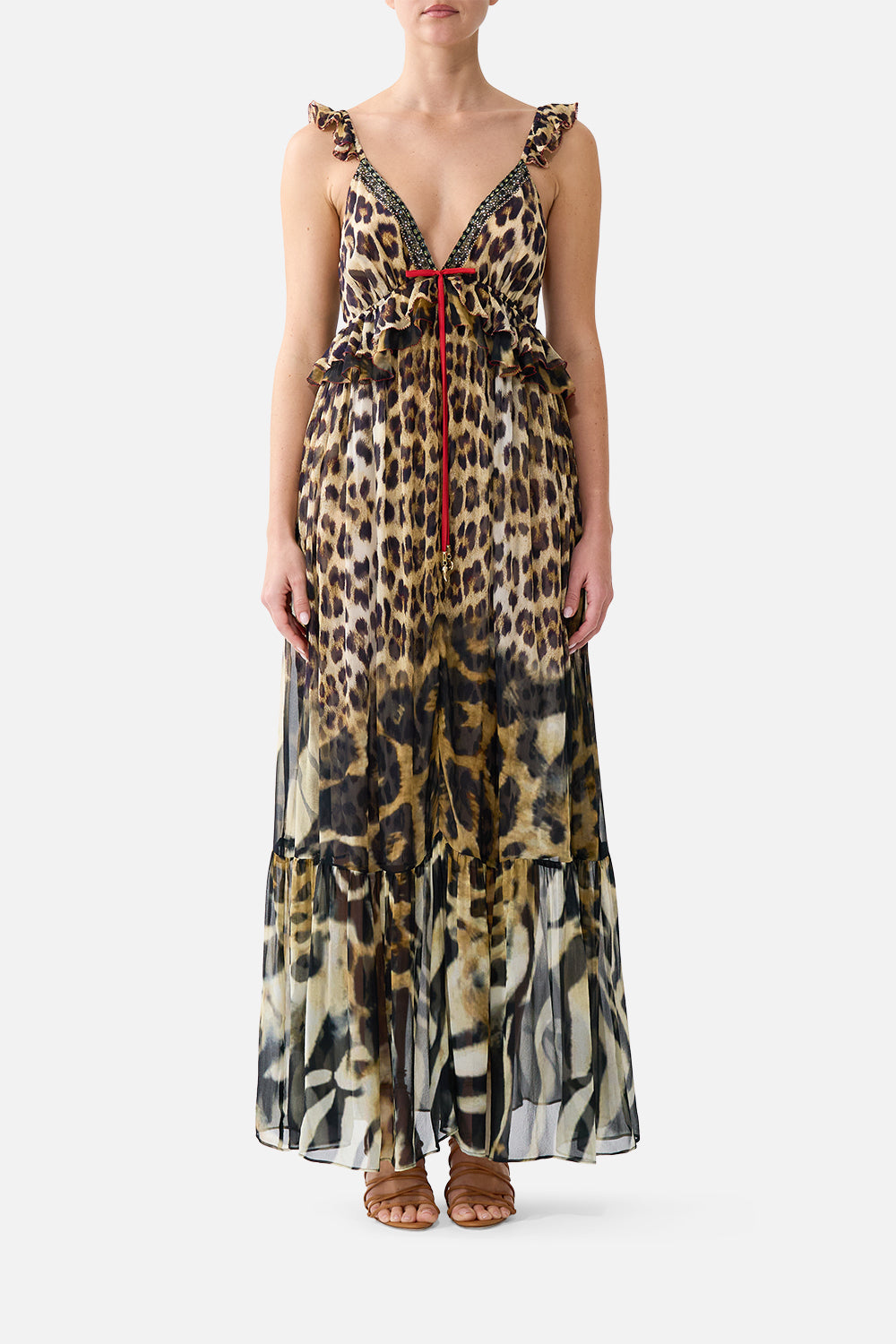 The CAMILLA Frill Bralette Long Dress in our Leotigra Land print, front view on model.