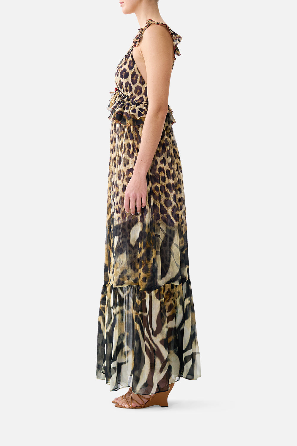 The CAMILLA Frill Bralette Long Dress Leotigra Land in our Leotigra Land print.