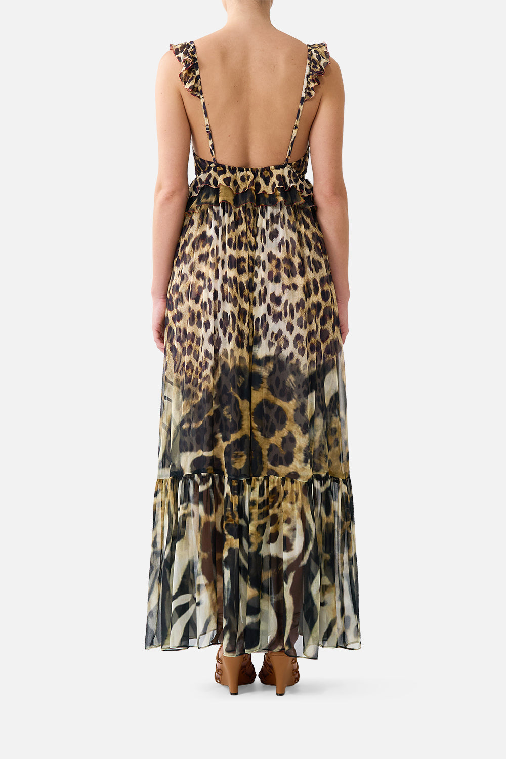 The CAMILLA Frill Bralette Long Dress Leotigra Land in our Leotigra Land print.