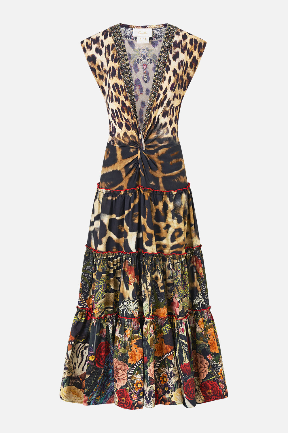 The CAMILLA Cap Sleeve Twist Front Midi Dress Leotigra Land in our Leotigra Land print.