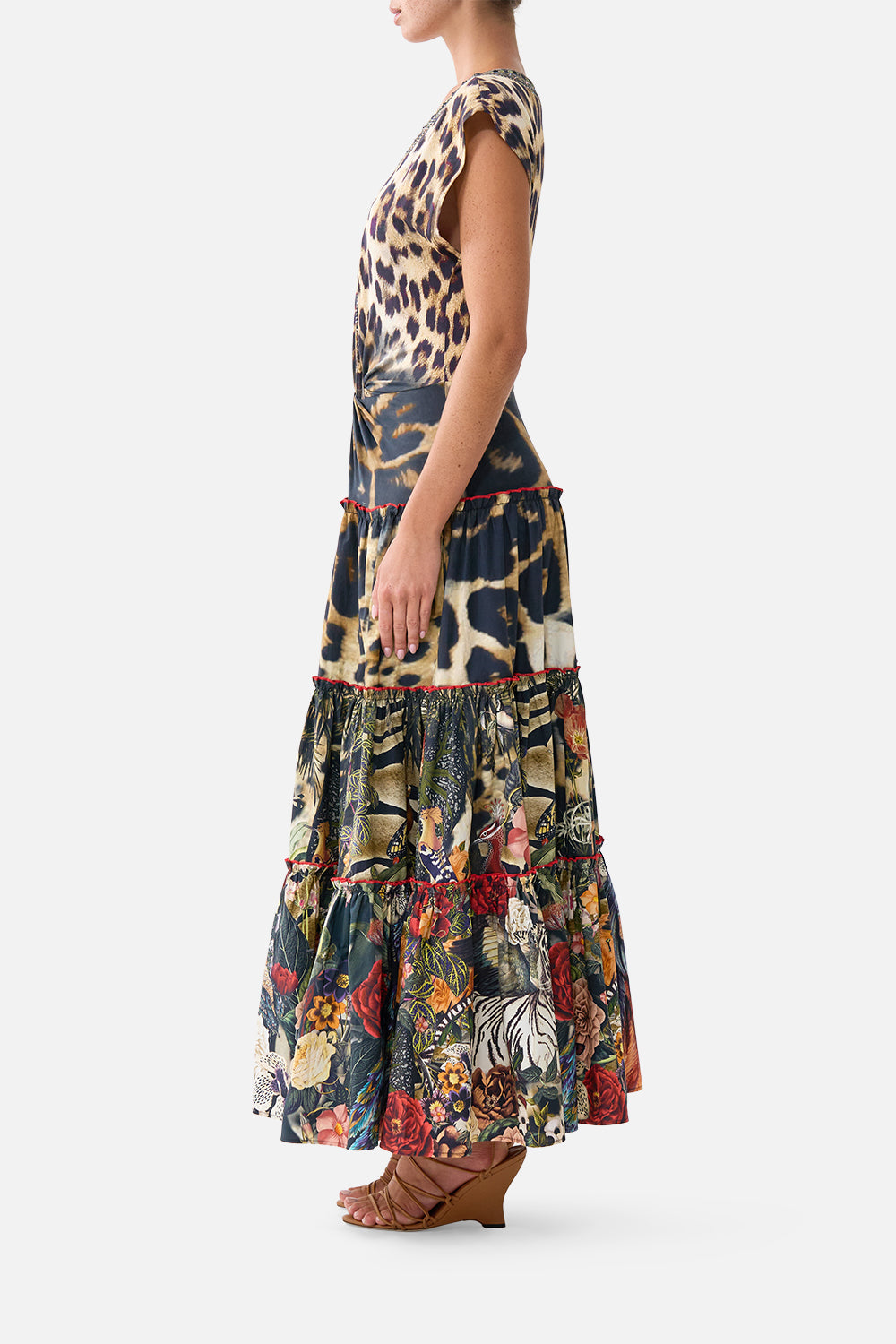 The CAMILLA Cap Sleeve Twist Front Midi Dress Leotigra Land in our Leotigra Land print.