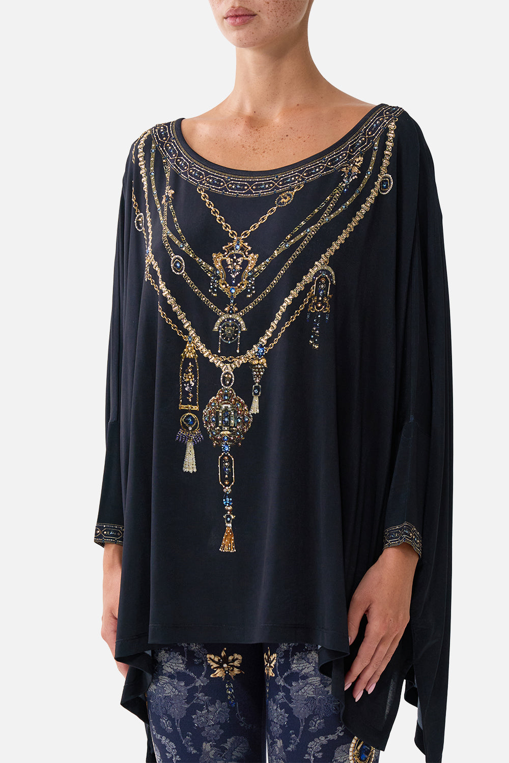 The CAMILLA Scoop Neck Slouch Tee in our Cloaked in Baroque print, detail view on model.