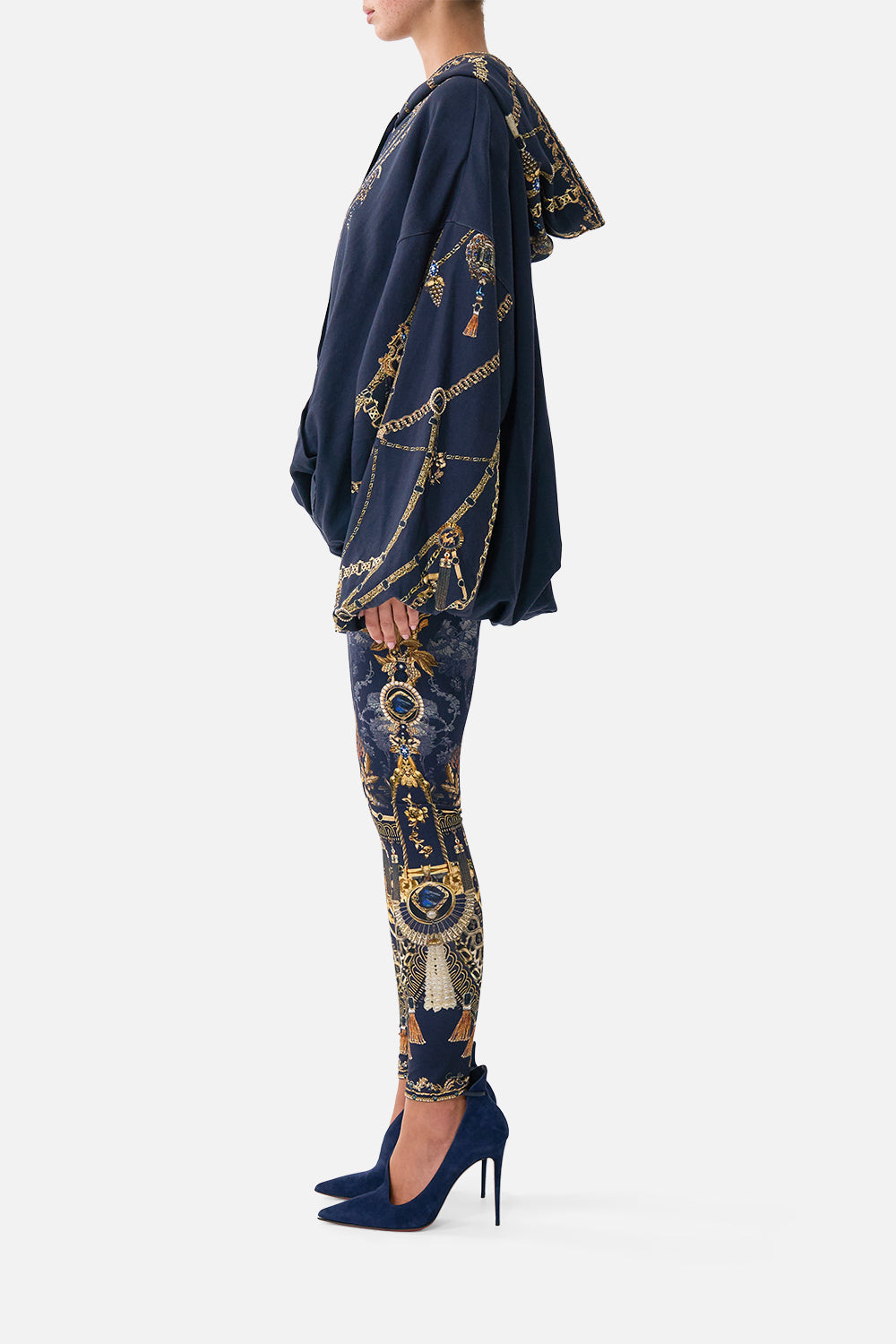 The CAMILLA Oversized Slouch Hoodie in our Cloaked in Baroque print, side view on model.
