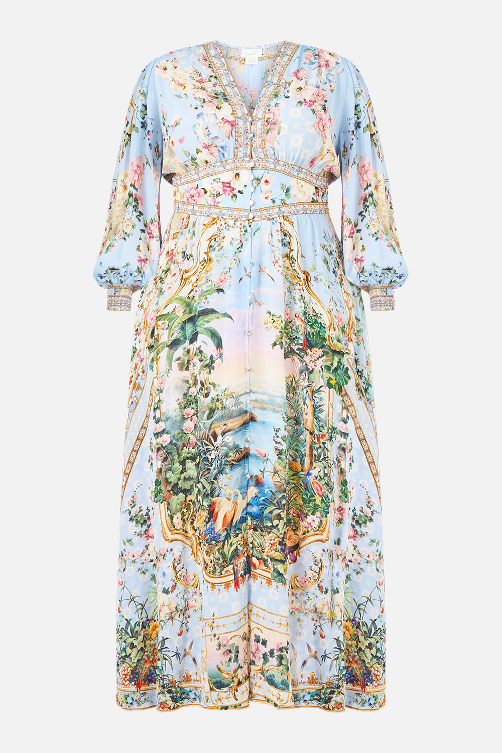 The CAMILLA Button Dress With Shaped Waistband Sisi Society in our Sisi Society print.